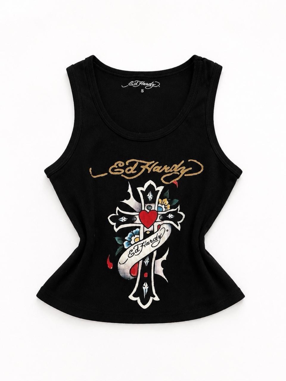 Ed Hardy Black Graphic Cross & Heart Tank Top